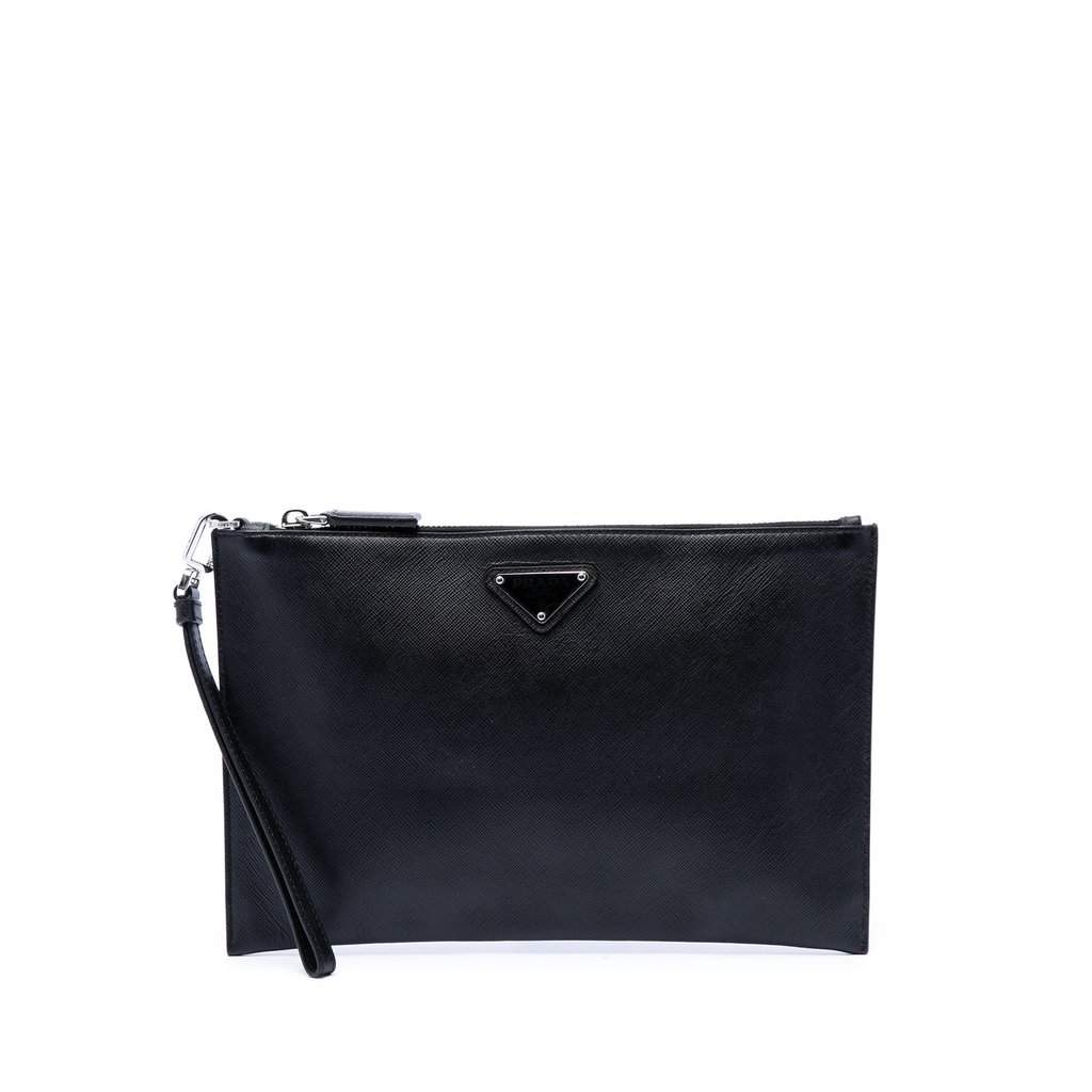 Prada Saffiano Wristlet Clutch Black Leather Very good - Front View