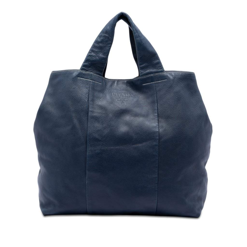Prada Vitello Daino Shopper Tote Blue Leather Very good condition - Front View