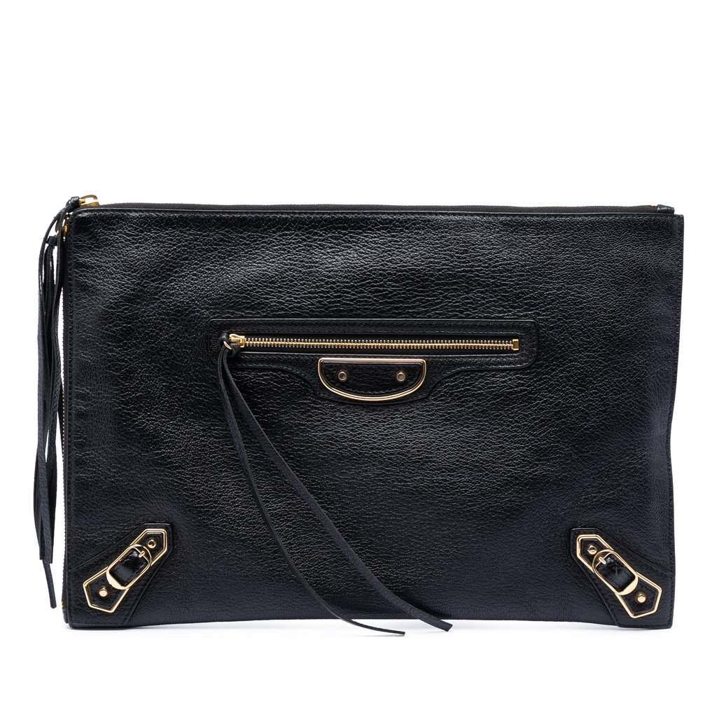 Balenciaga Goatskin Motocross Classic Metallic Edge Clutch Black Leather Very good condition - Front View