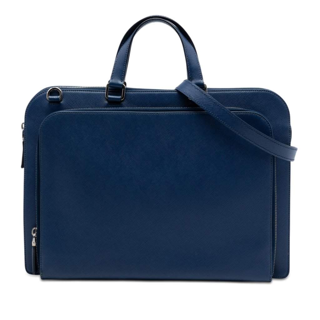 Prada Saffiano Cuir Travel Front Zip Pocket Briefcase Blue Leather Very good condition - Front View
