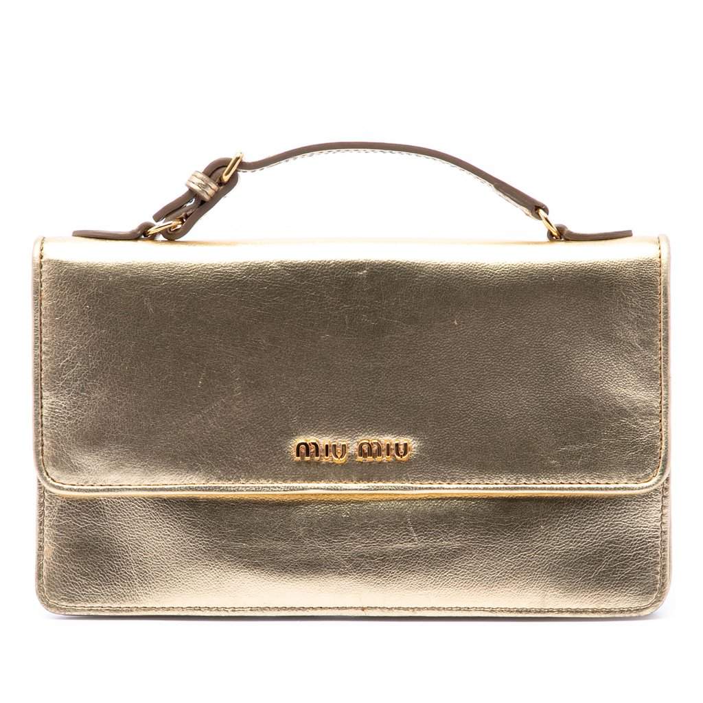 Miu Miu Metallic Leather Top Handle Wallet Bag Gold Leather Very good condition - Front View