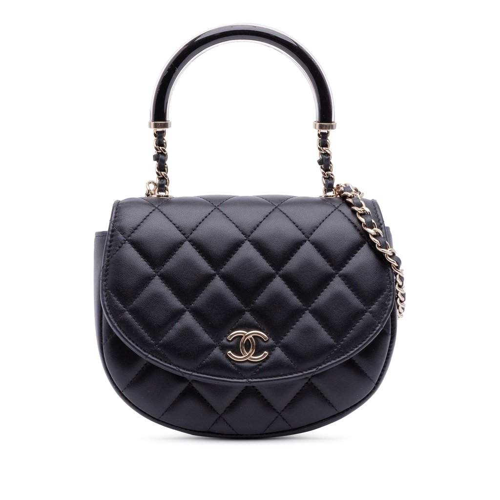 Chanel CC Quilted Lambskin Half Moon Top Handle Flap Black Leather Very good condition - Front View