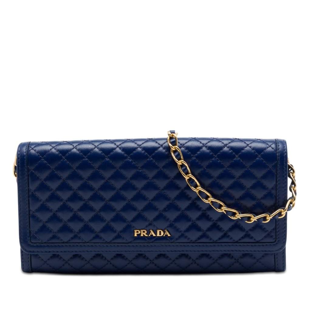 Prada Quilted Nappa Wallet On Chain Blue Leather Very good - Front View
