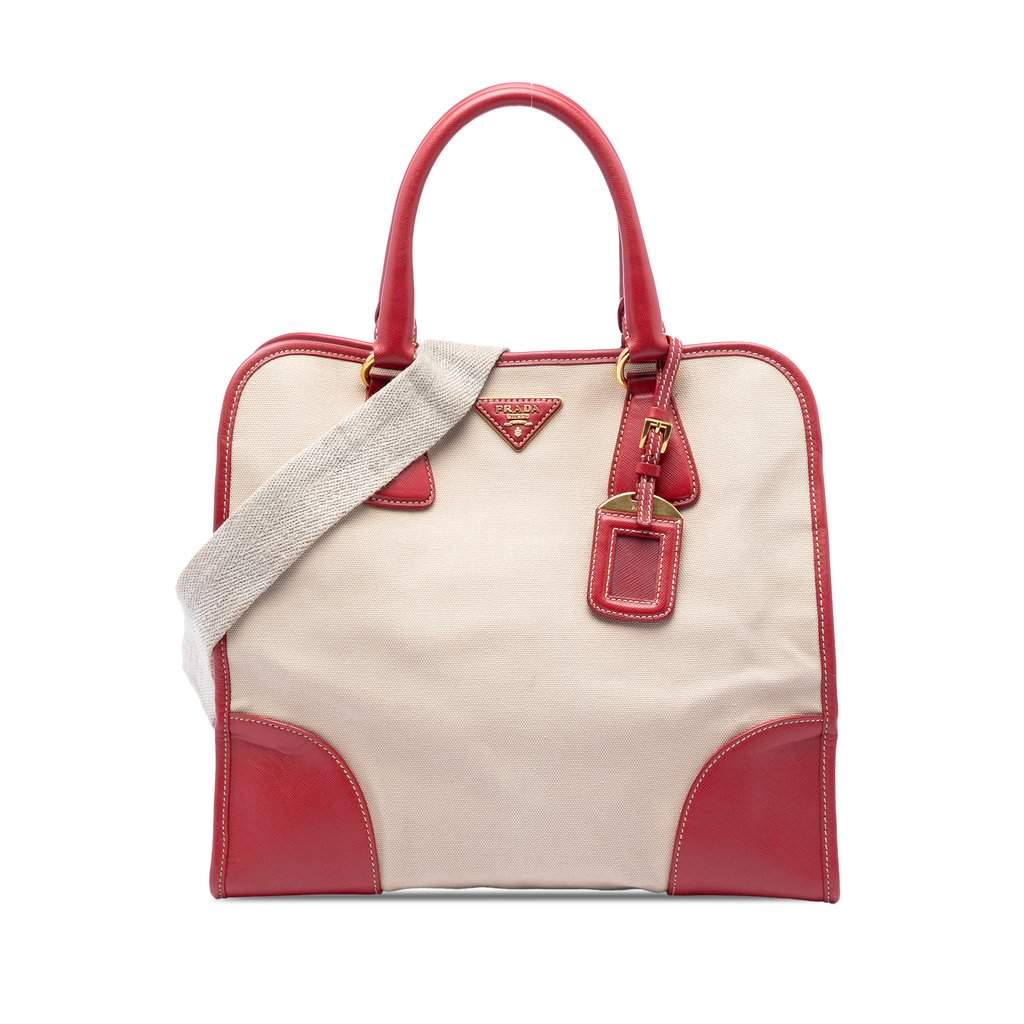 Prada Saffiano Trimmed Canvas Canapa Logo Satchel Beige Very good condition - Front View