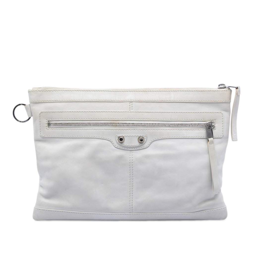 Balenciaga Lambskin Motocross Classic Clip M Clutch White Leather Very good condition - Front View