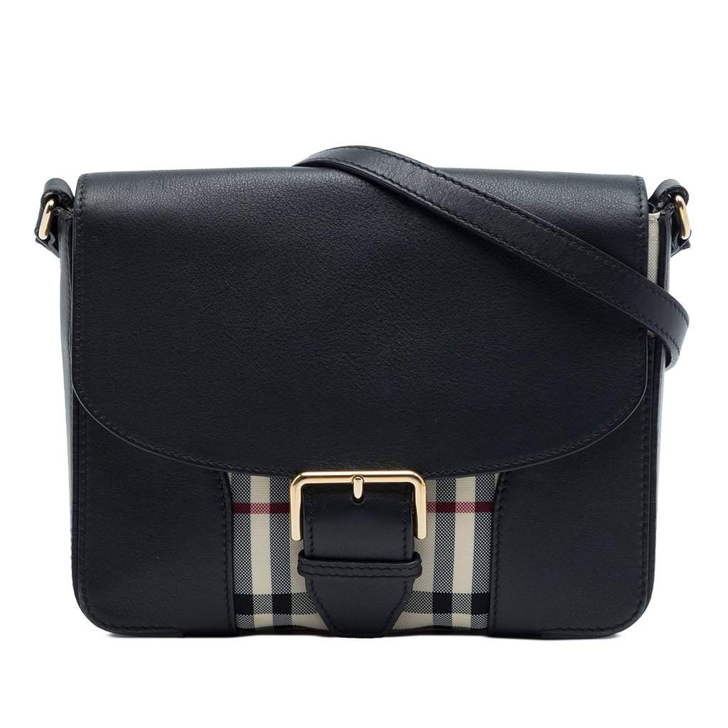 Burberry Small Haymarket Check Nylon and Leather Dickens Crossbody Black Leather Very good - Front View