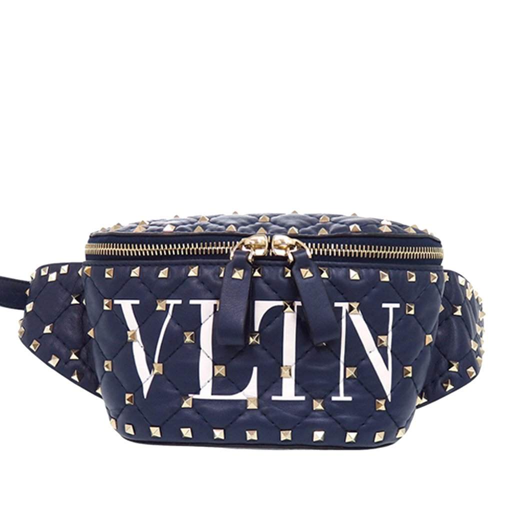 Valentino Quilted Lambskin VLTN Rockstud Spike Belt Bag Blue Leather Never worn - Front View