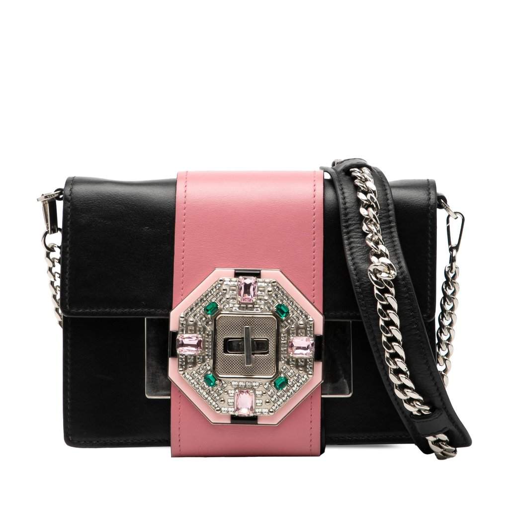 Prada City Calf Crystal Embellished Ribbon Bag Black Leather Very good - Front View