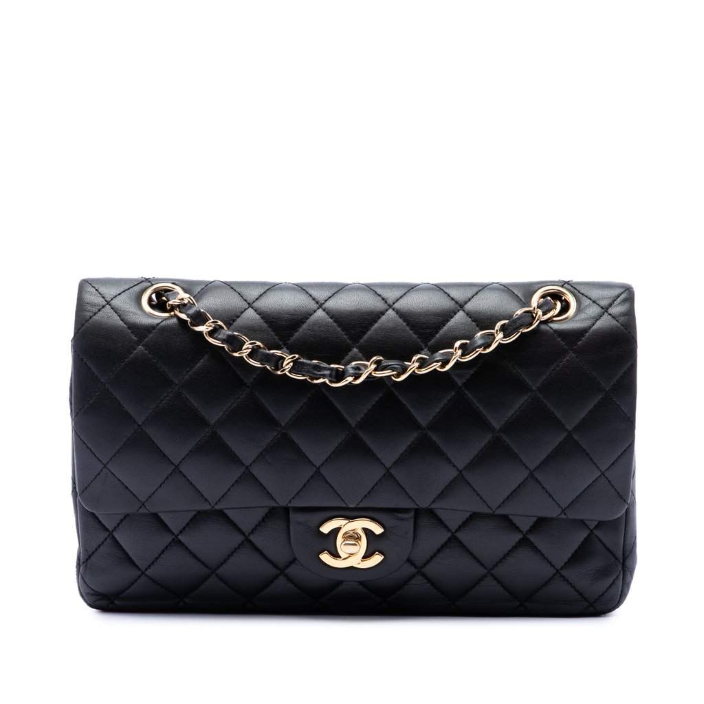 Chanel Medium Classic Lambskin Double Flap Black Leather Very good condition - Front View