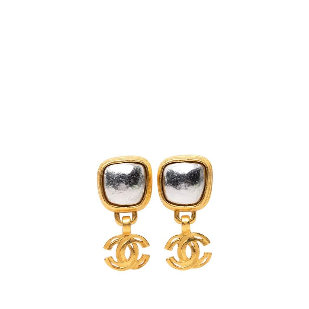 Chanel CC Gold Plated Square Silver Stone Drop Clip On Earrings Gold Metal Very good condition - Front View