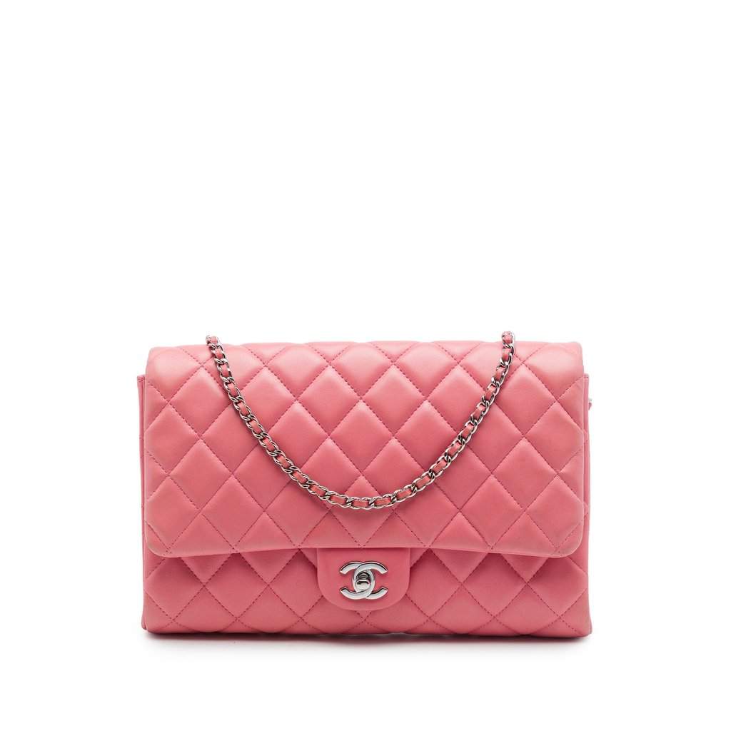 Chanel CC Quilted Lambskin Flap Clutch on Chain Pink Leather Very good - Front View