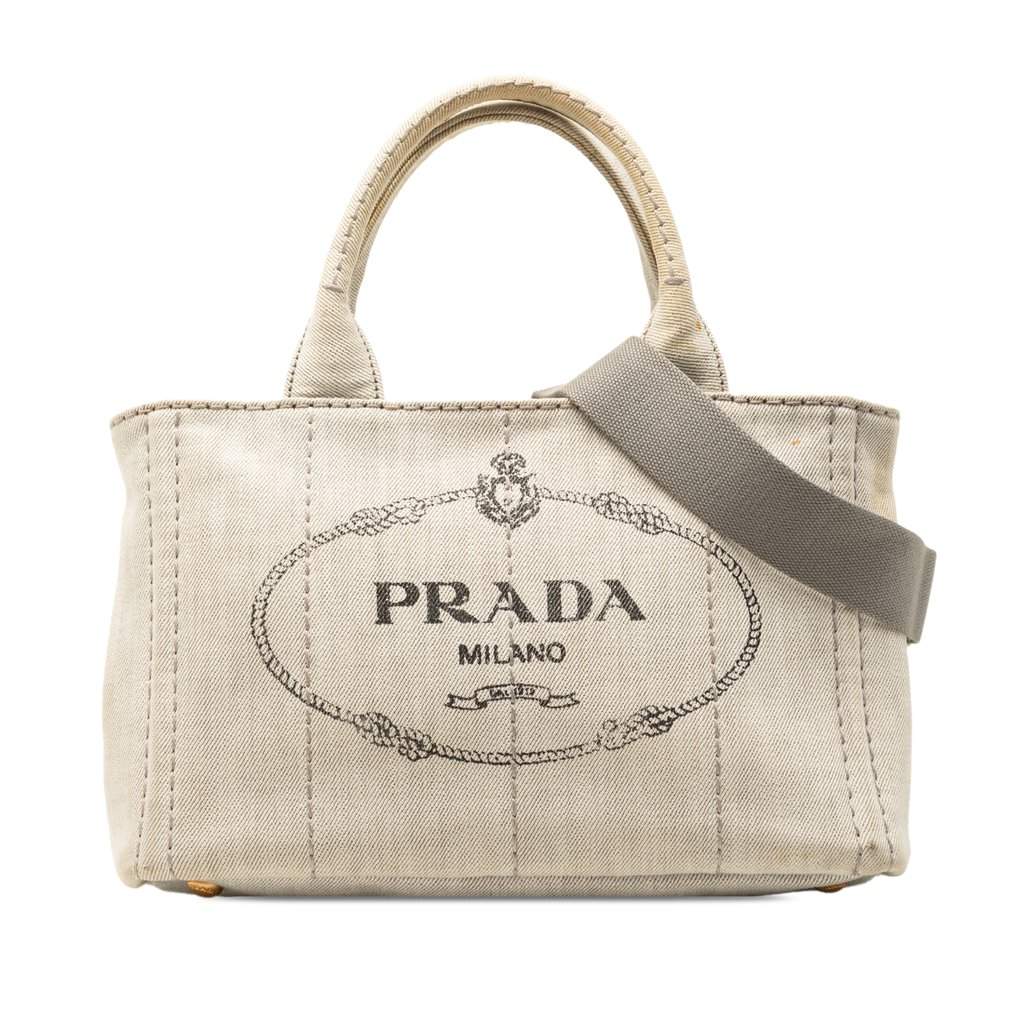 Prada Small Denim Canapa Logo Satchel Beige Very good condition - Front View