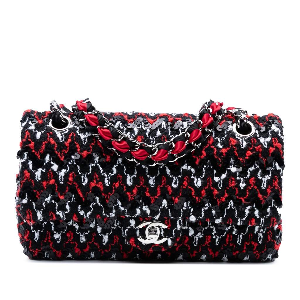 Chanel Medium Classic Tweed Sequins Double Flap Black Good condition - Front View