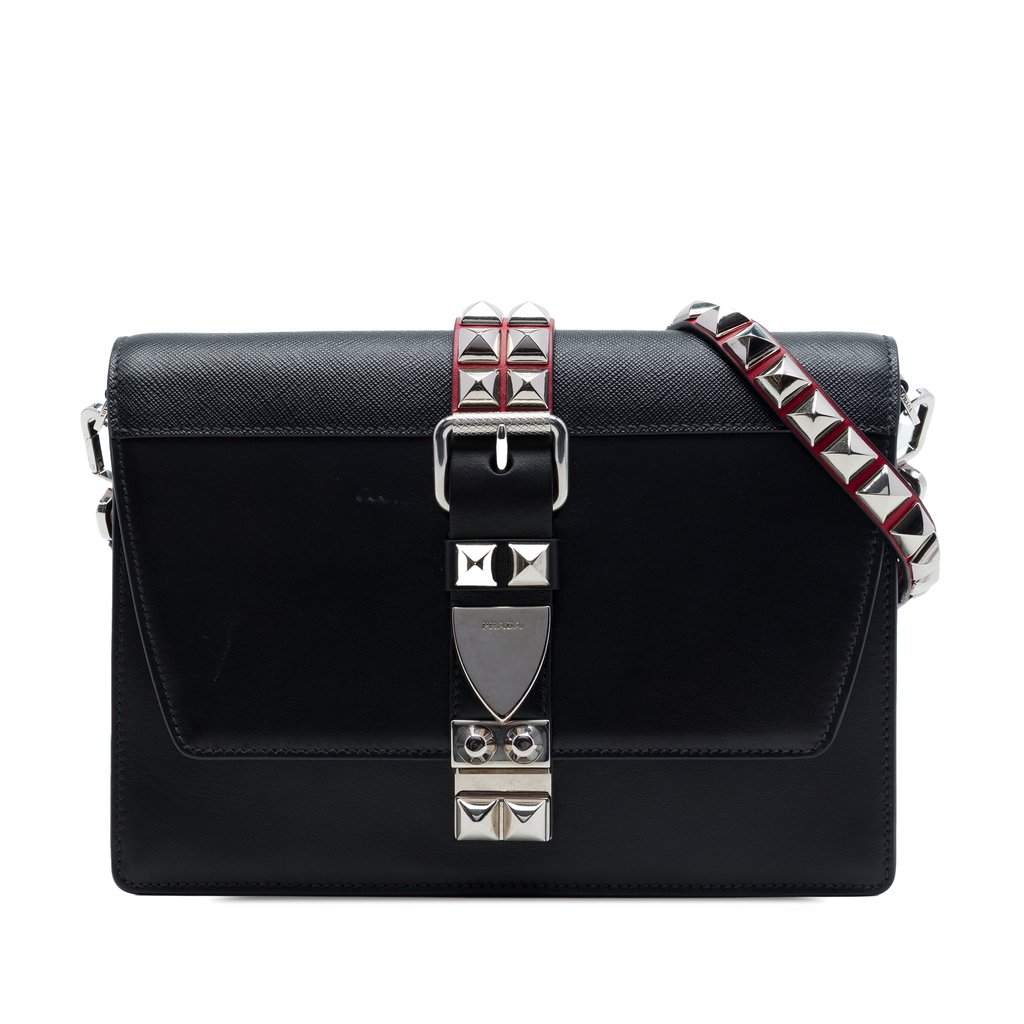 Prada City Calfskin and Saffiano Studded Elektra Crossbody Black Leather Very good - Front View