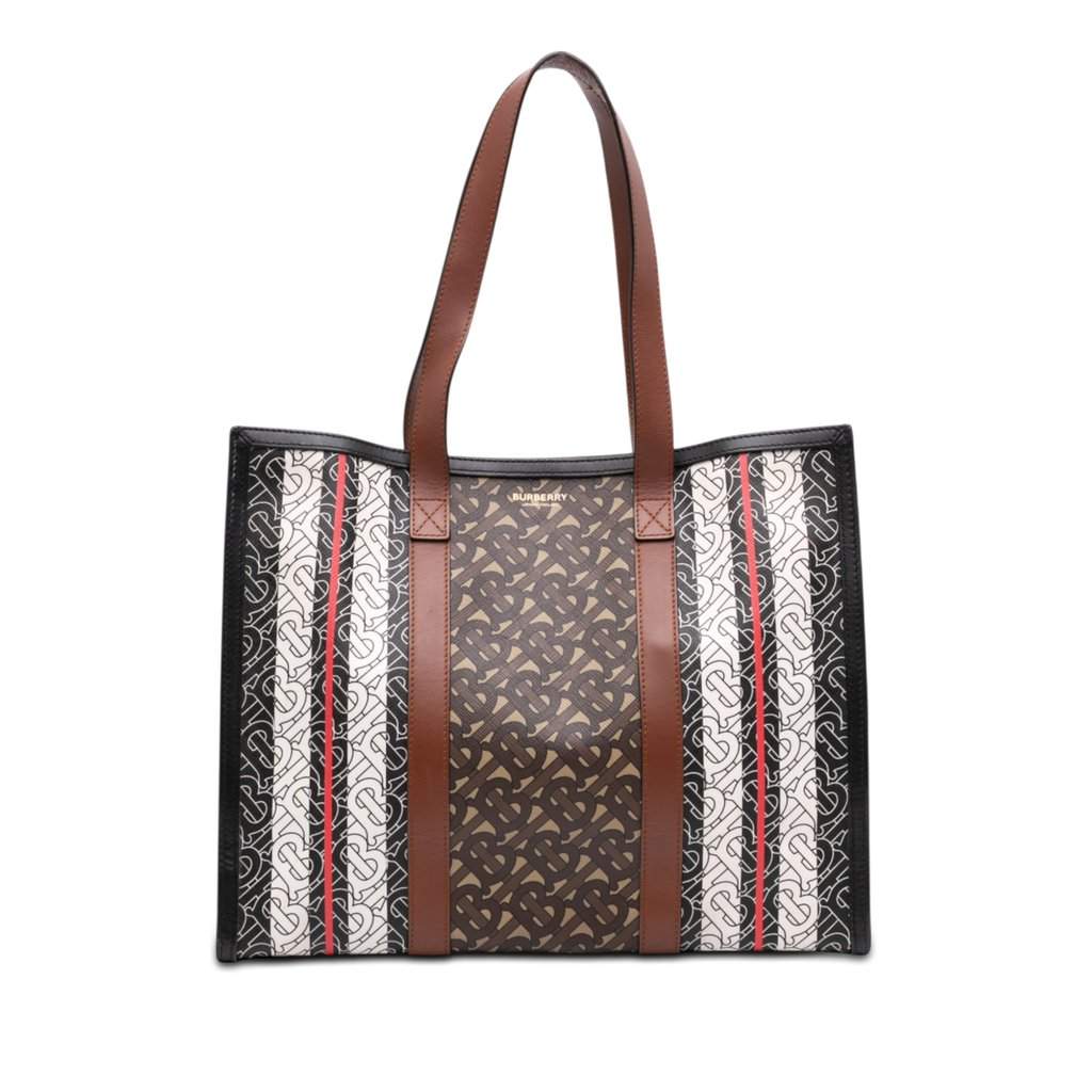 Burberry TB Monogram E Canvas Stripe Book Tote Brown Very good - Front View