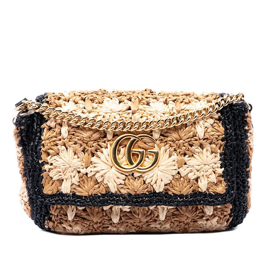 Gucci Small GG Marmont Raffia Crossbody Beige Very good - Front View