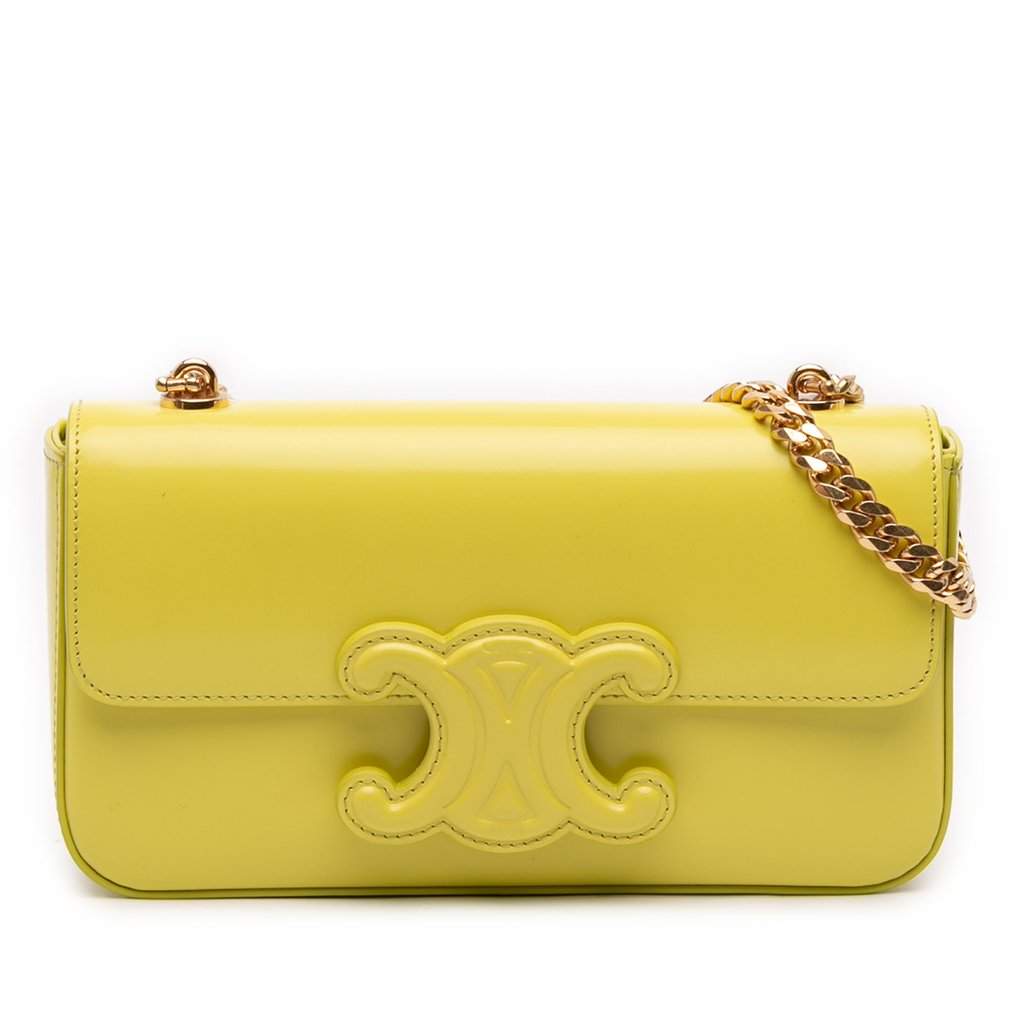 Celine Shiny Calfskin Claude Chain Shoulder Bag Yellow Leather Very good - Front View