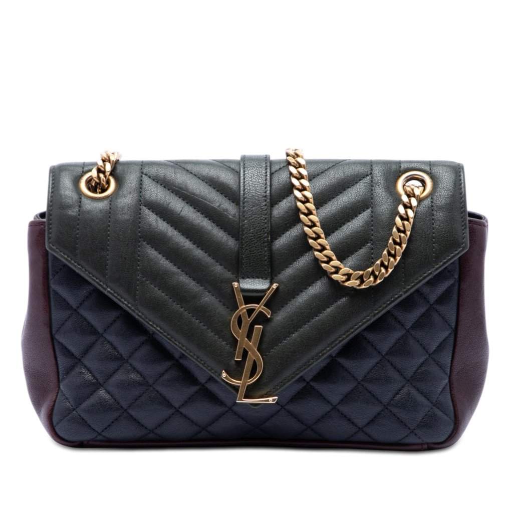 Saint Laurent Medium Triquilt Tricolor Sheepskin Monogram College Bag Green Leather Very good condition - Front View
