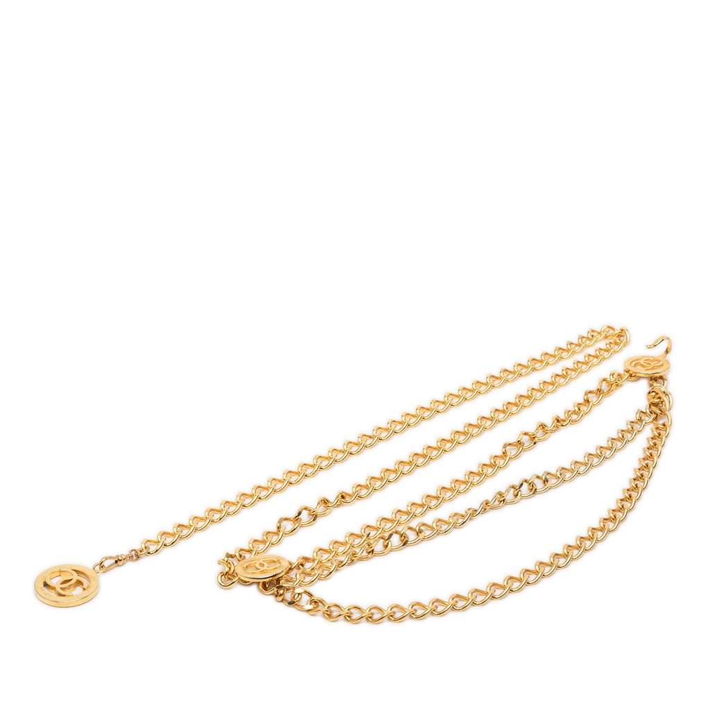 Chanel CC Gold Plated Medallion Triple Chain Belt Gold Metal Very good condition - Front View