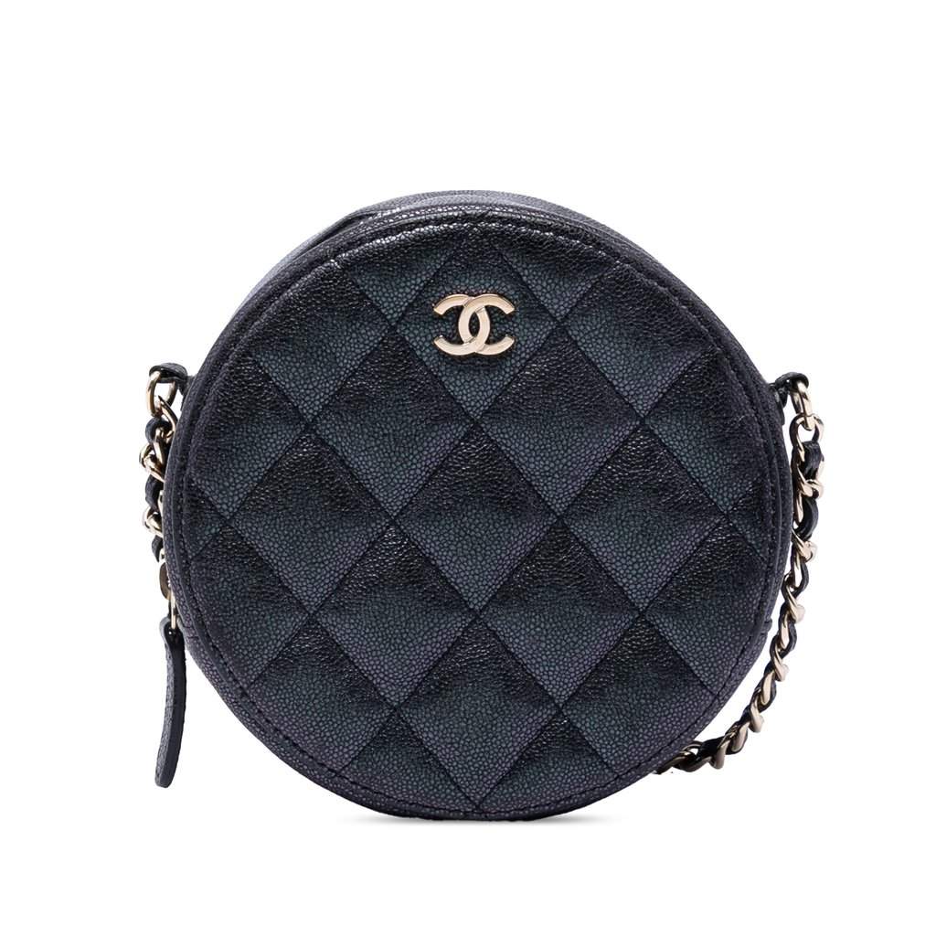 Chanel CC Quilted Iridescent Caviar Round Clutch With Chain Black Leather Very good condition - Front View