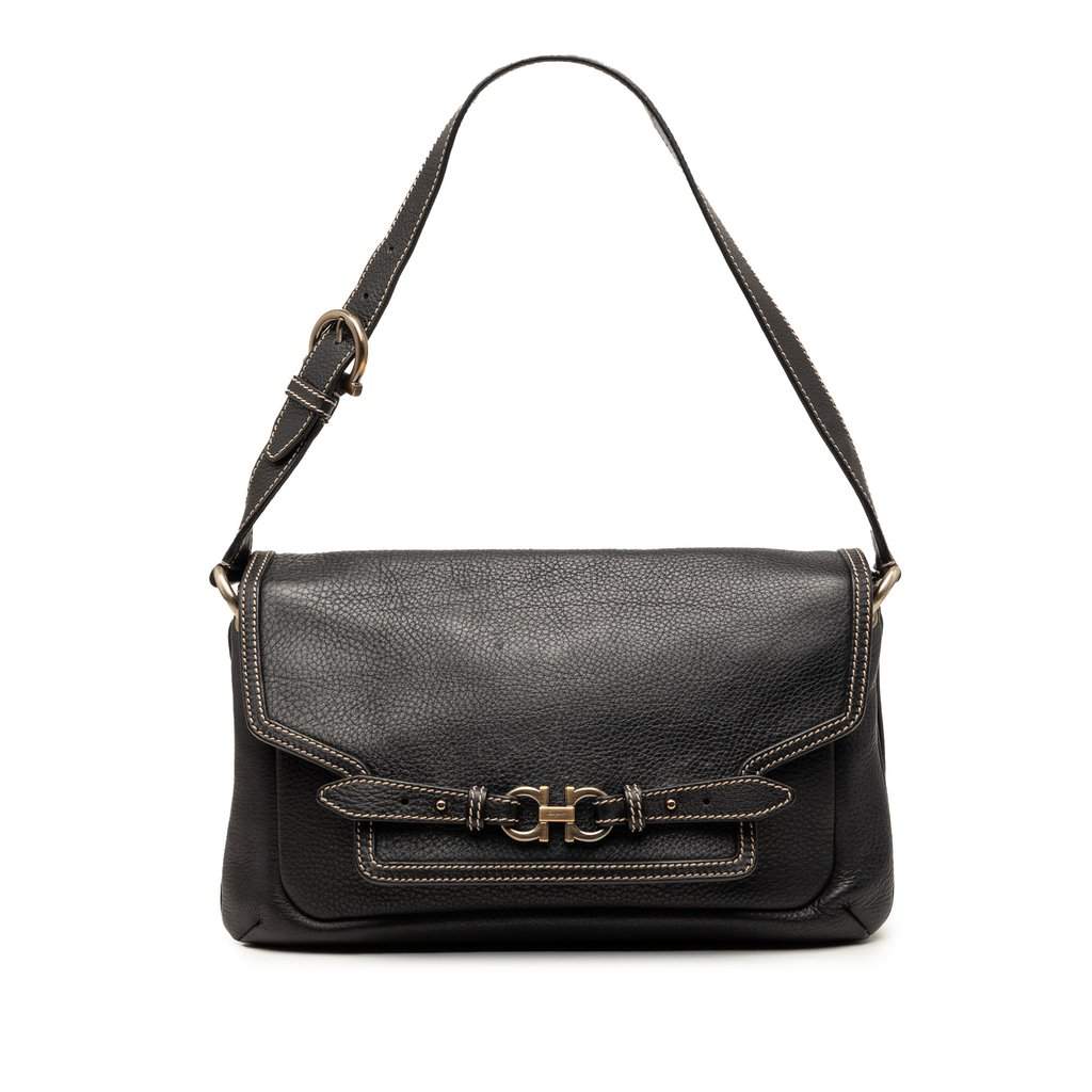 Salvatore Ferragamo Leather Double Gancini Shoulder Bag Black Leather Very good condition - Front View