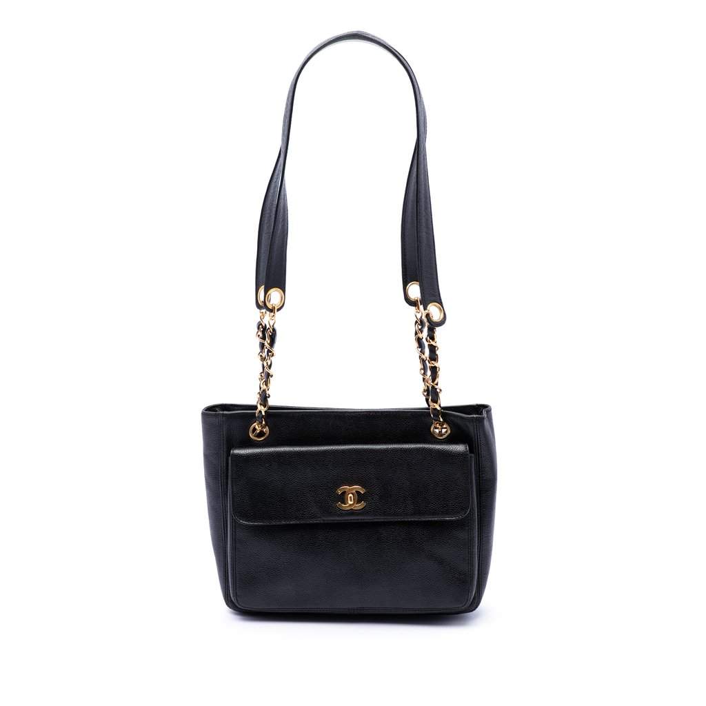 Chanel CC Caviar Front Pocket Shoulder Bag Black Leather Very good - Front View