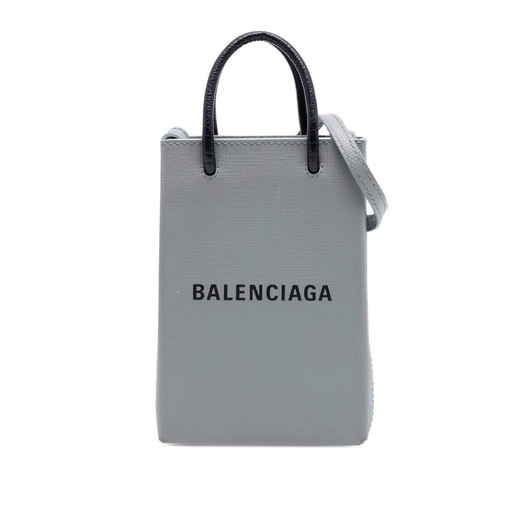 Balenciaga Mini Calfskin Logo Shopping Phone Holder Grey Leather Very good condition - Front View
