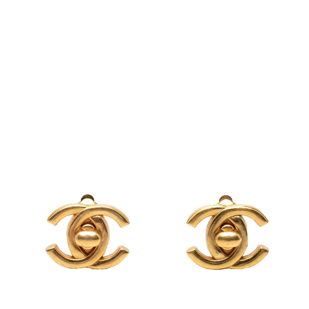 Chanel CC Gold Plated Turn Lock Clip On Earrings Gold Metal Very good condition - Front View
