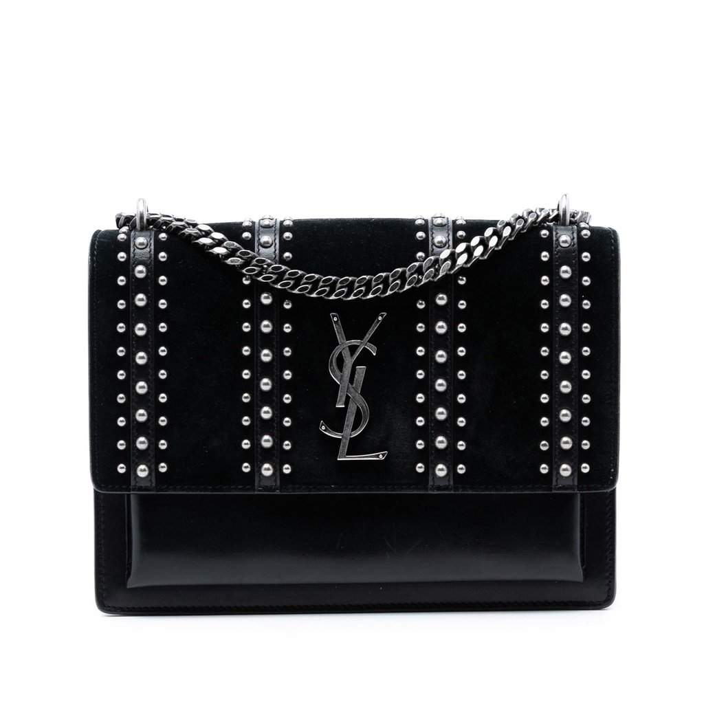 Saint Laurent Medium Studded Suede and Calfskin Monogram Sunset Crossbody Black Leather Very good condition - Front View