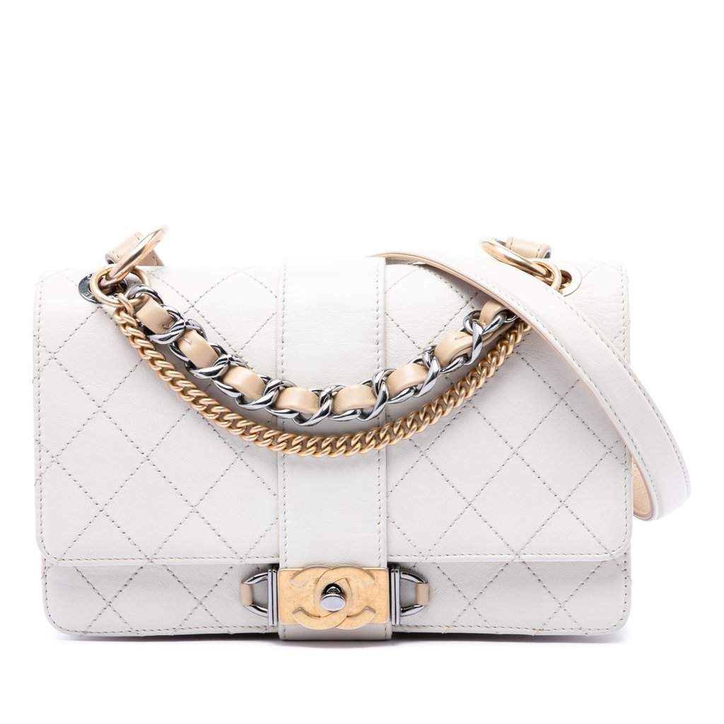 Chanel CC Stitched Calfskin Chain Flap White Leather Very good - Front View