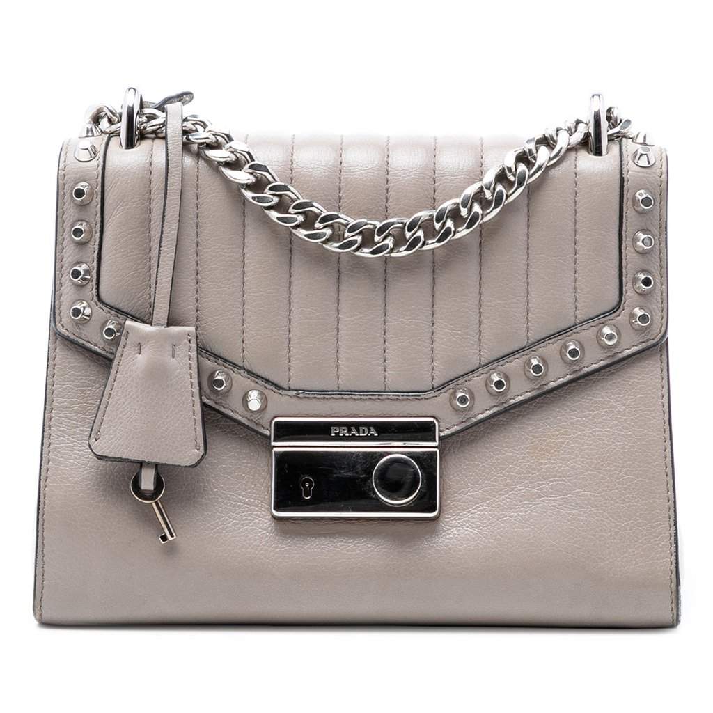 Prada Studded Glace Calf Sound Lock Crossbody Grey Leather Very good condition - Front View