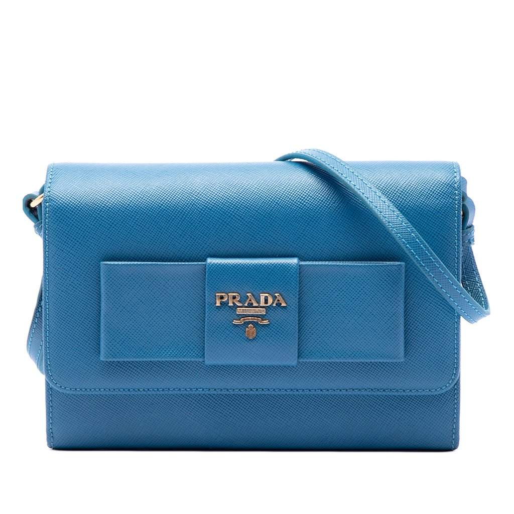 Prada Saffiano Lux Bow Wallet On Strap Blue Leather Very good condition - Front View