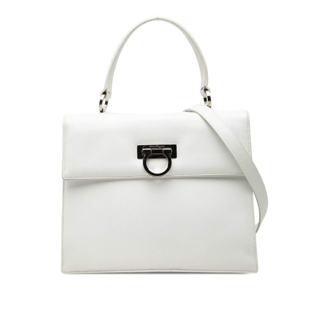 Ferragamo Leather Gancini Satchel White Leather Very good - Front View