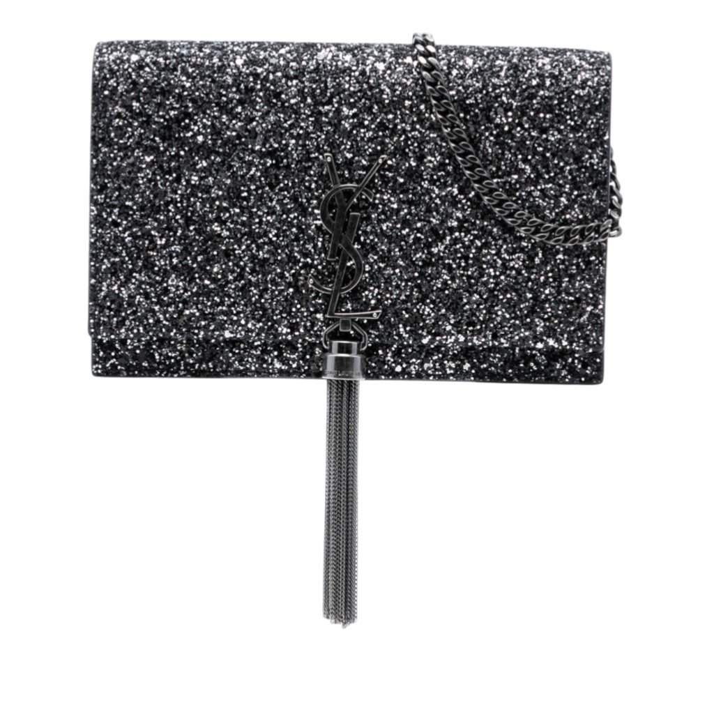 Saint Laurent Metallic Glitter Monogram Kate Tassel Chain Wallet Black Leather Very good condition - Front View