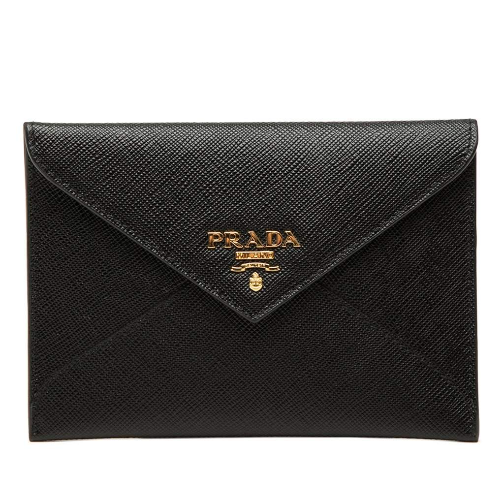 Prada Saffiano Envelope Compact Wallet Black Leather Very good condition - Front View