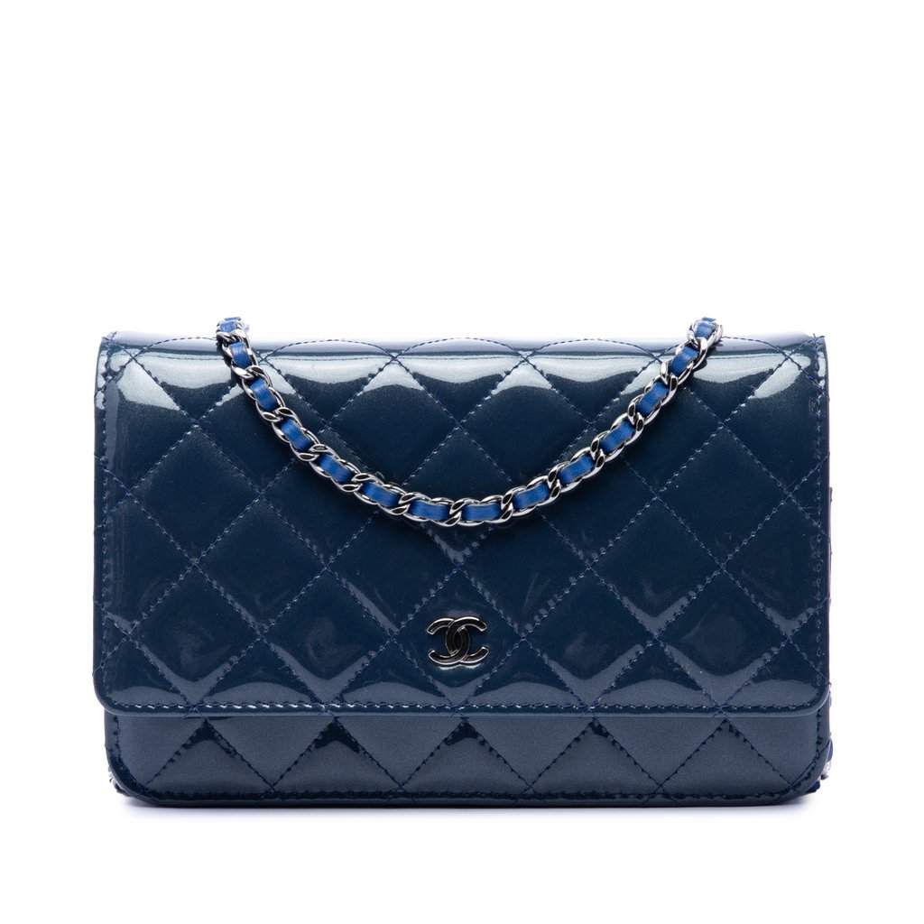 Chanel CC Quilted Patent Wallet On Chain Blue Leather Very good - Front View