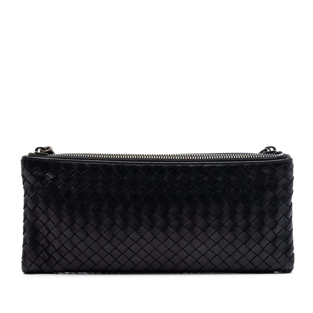 Bottega Veneta Nappa Intrecciato Double Zip Clutch Black Leather Very good condition - Front View