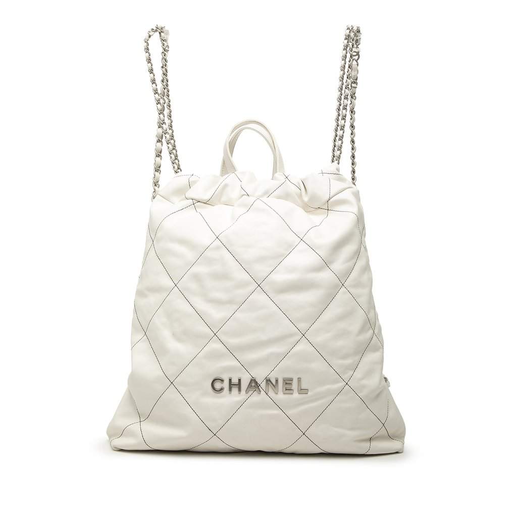 Chanel Large Quilted Shiny Calfskin 22 Backpack White Leather Very good condition - Front View