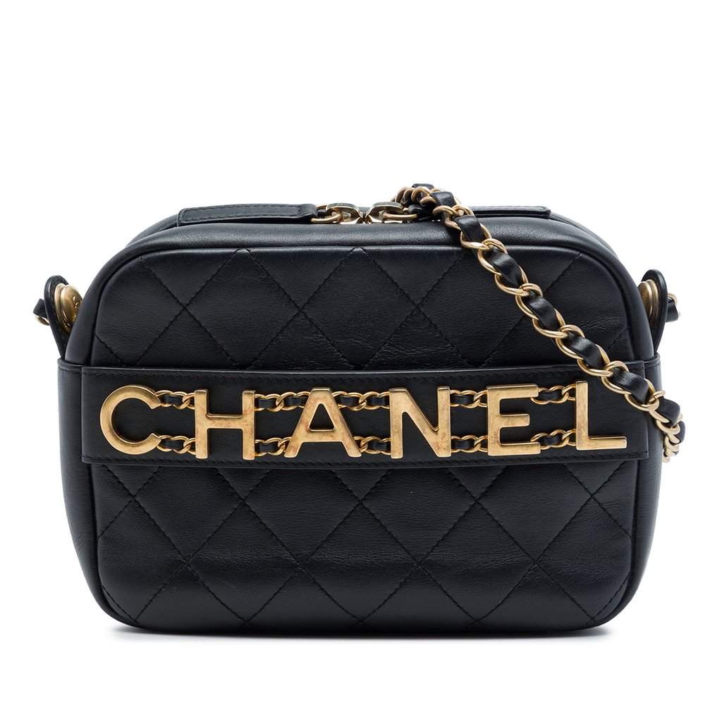 Chanel Quilted Calfskin Logo Enchained Camera Bag Black Leather Very good condition - Front View