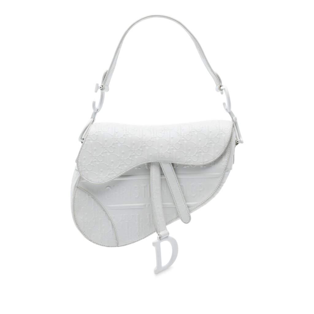 Dior Oblique Embossed Calfskin Saddle Bag White Leather Very good condition - Front View