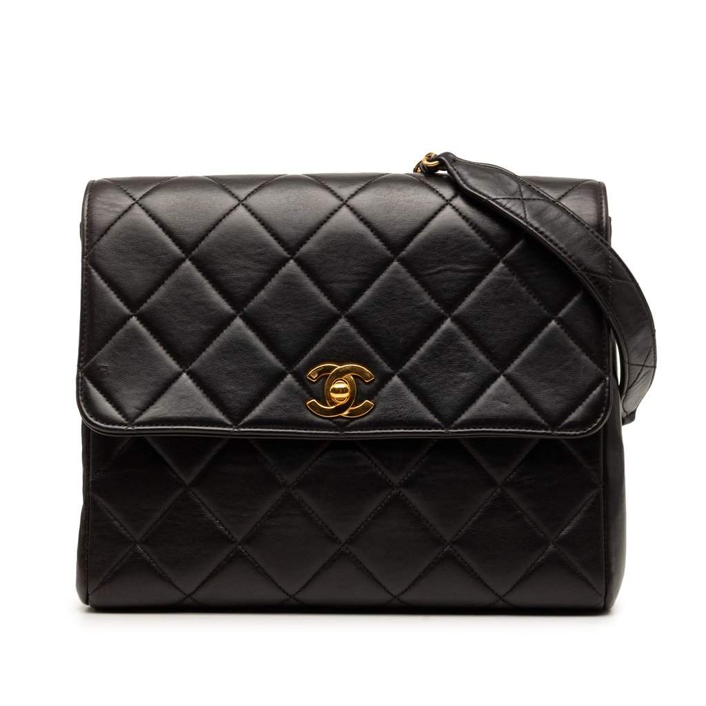 Chanel Small Square Quilted Lambskin Straight Single Flap Black Leather Very good condition - Front View