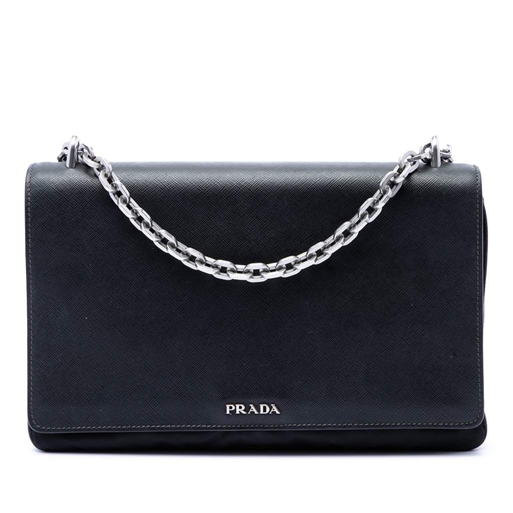 Prada Saffiano Lux and Tessuto Chain Crossbody Black Leather Very good condition - Front View