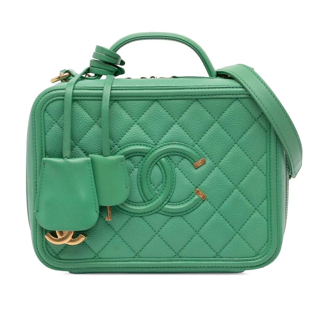 Chanel Medium Caviar CC Filigree Vanity Case Green Leather Good condition - Front View