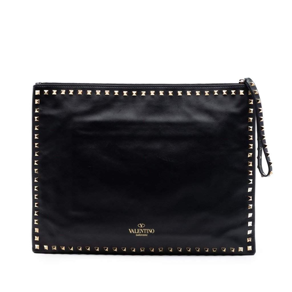 Valentino Large Leather Rockstud Clutch Black Leather Very good condition - Front View
