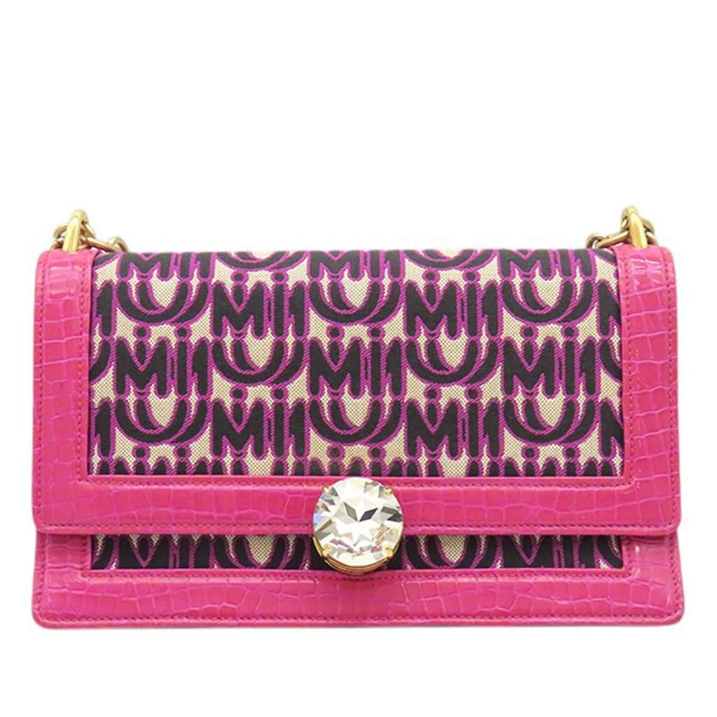 Miu Miu MM Paris Emiuticon Jacquard and Croc Embossed Patent Crystal Chain Crossbody Pink Very good - Front View