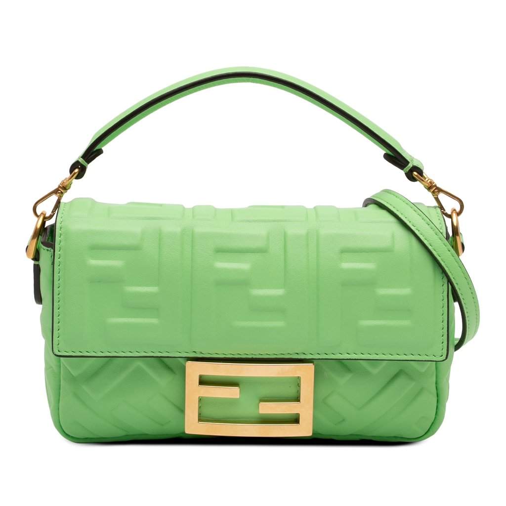 Fendi Mini Zucca Embossed Leather Baguette Satchel Green Leather Very good - Front View