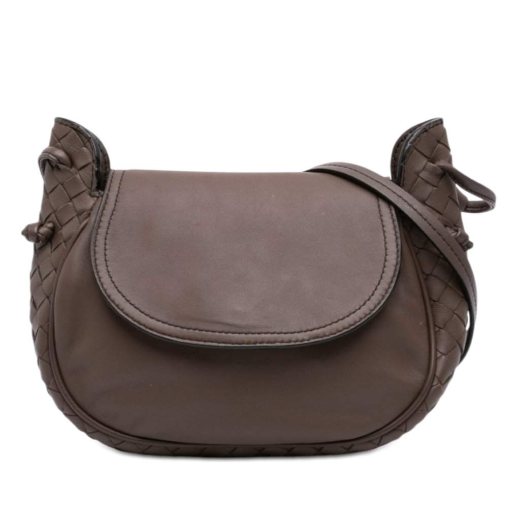 Bottega Veneta Small Intrecciato Trimmed Nappa Nodini Flap Brown Leather Very good - Front View