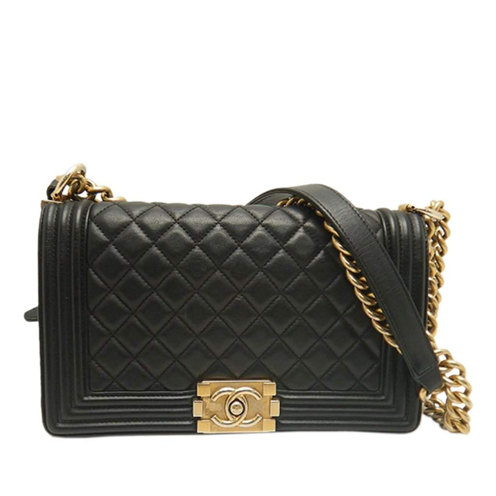 Chanel Old Medium Quilted Lambskin Boy Flap Black Leather Very good - Front View