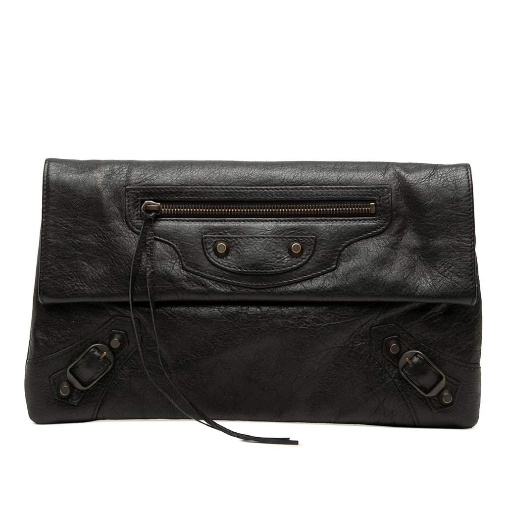 Balenciaga Lambskin Motocross Classic Envelope Clutch Black Leather Very good condition - Front View