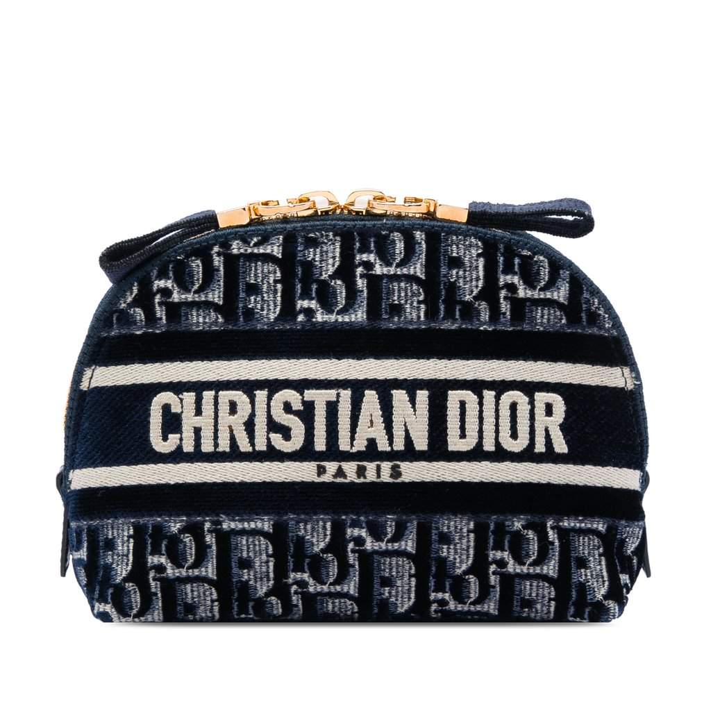Dior Oblique Embroidered Velvet Cosmetic Pouch Blue Very good - Front View